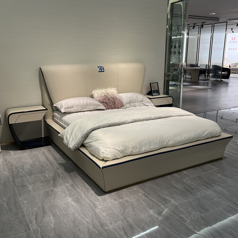 Taupe Flared Headboard Bed in a furnished interior