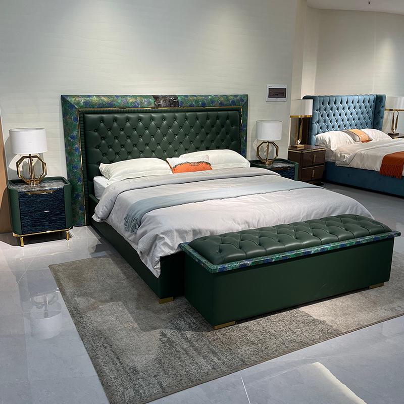 Emerald Tufted Headboard Bed in a furnished interior