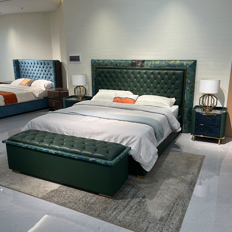 Emerald Tufted Headboard Bed in a furnished interior