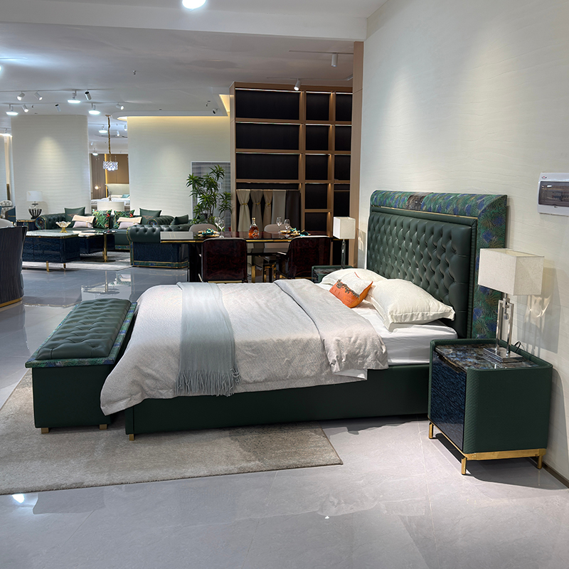 Emerald Tufted Headboard Bed in a furnished interior