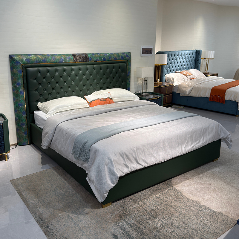 Emerald Tufted Headboard Bed in a furnished interior
