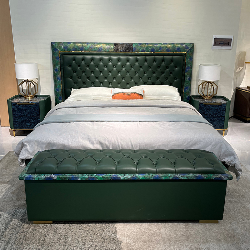 Emerald Tufted Headboard Bed in a furnished interior