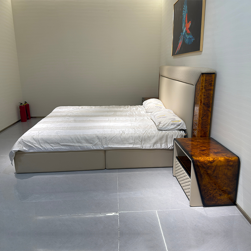Taupe Warm Accent Headboard Bed in a furnished interior