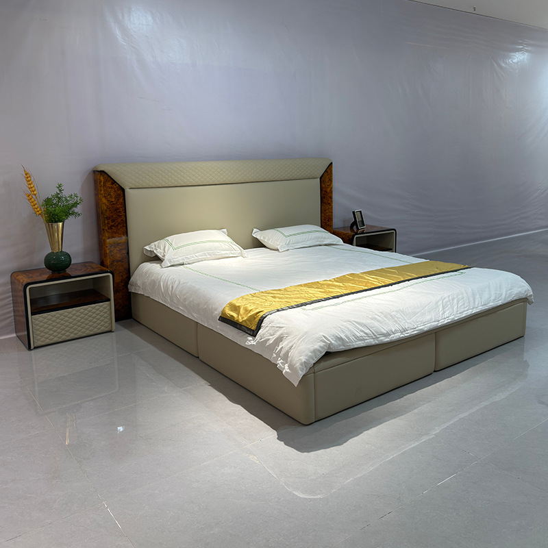 Taupe Warm Accent Headboard Bed in a furnished interior