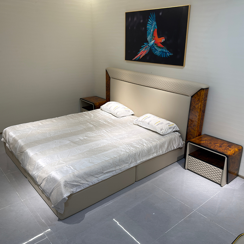 Taupe Warm Accent Headboard Bed in a furnished interior
