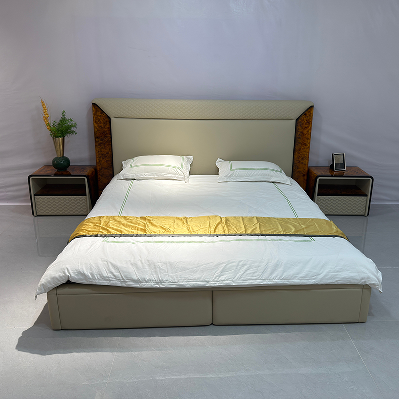 Taupe Warm Accent Headboard Bed in a furnished interior