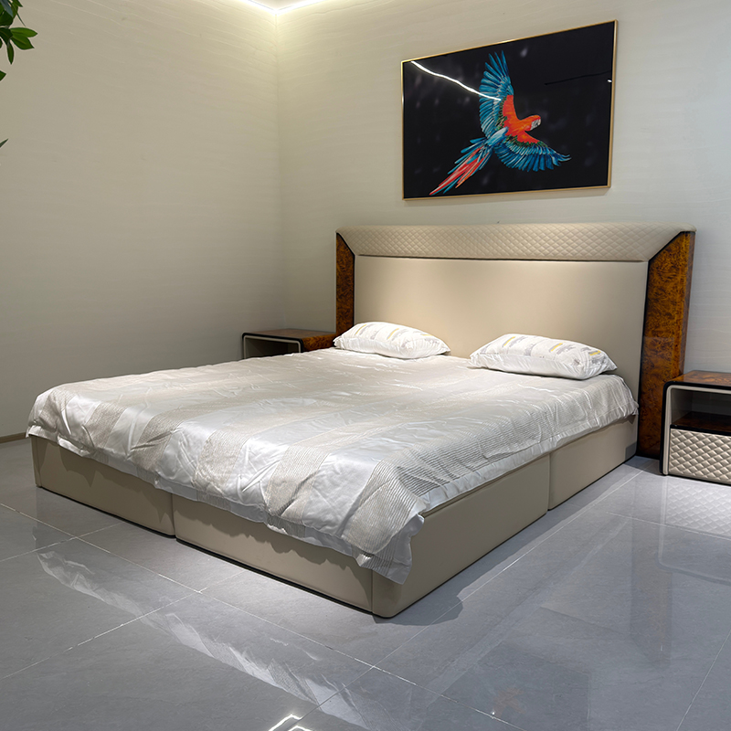 Taupe Warm Accent Headboard Bed in a furnished interior