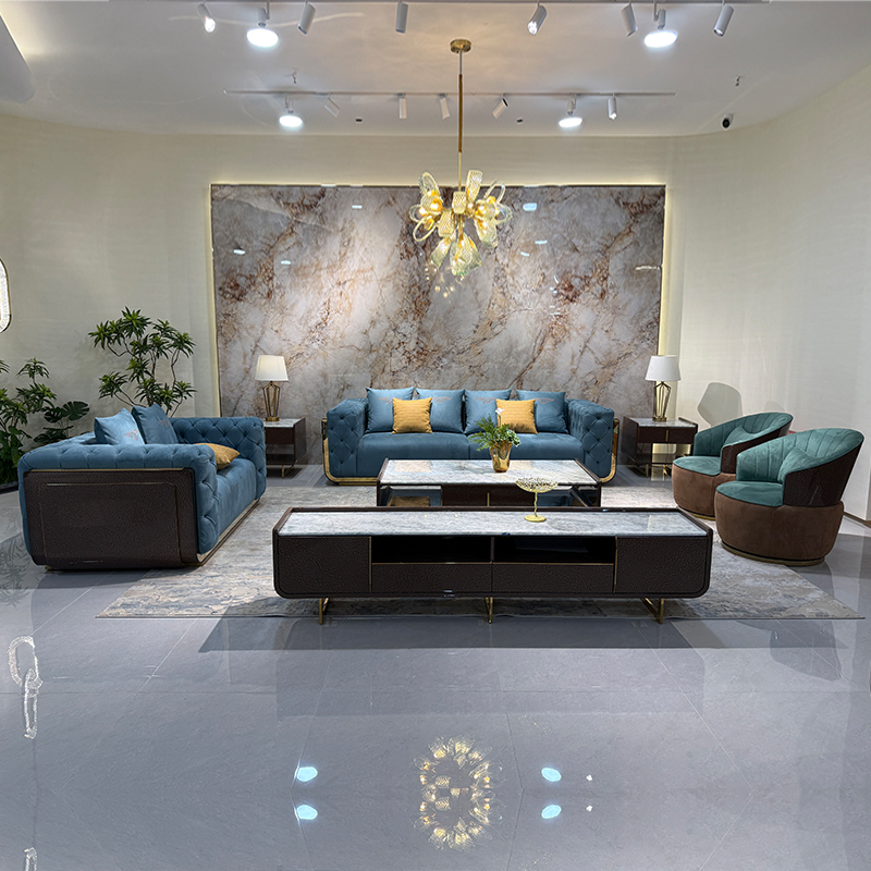 Blue Tufted Gold Accent Sofa Collection in a furnished interior