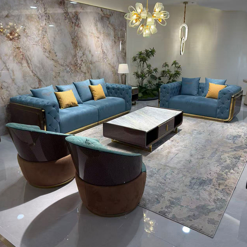 Blue Tufted Gold Accent Sofa Collection in a furnished interior