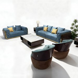 Blue Tufted Gold Accent Sofa Collection on a white background
